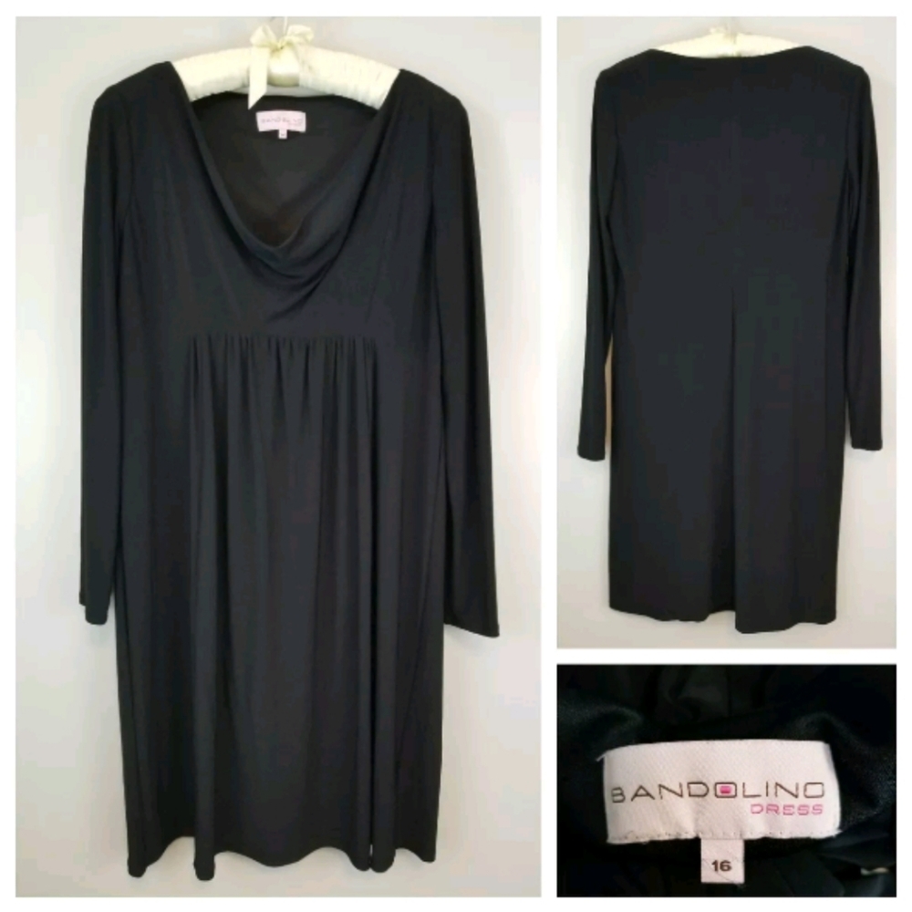Bandolino 16 Black Long Sleeve Pleated Midi Dress